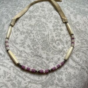 Beaded Choker Necklace with Cream and Purple Accents